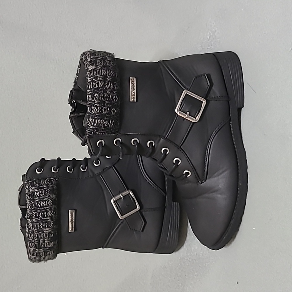 CHEROKEE Girls Black Lace‎ Up Side Zip Fleece Tip Ankle Booties - Size 2